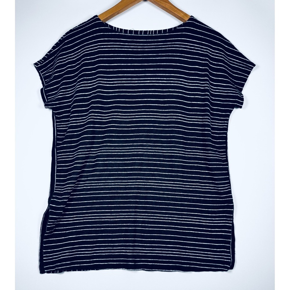 Eileen Fisher Organic Linen Top XS Black Gray White Striped Short Sleeve Coastal